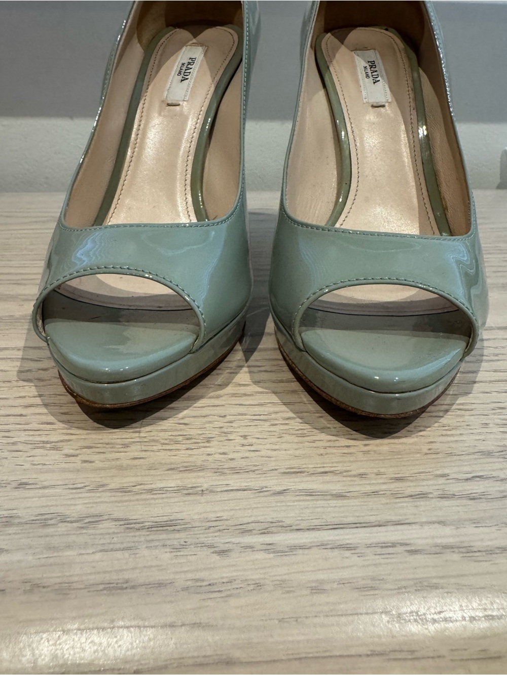PRADA Women's Sage Green Patent Leather Peep-Toe Pumps - Picture 3 of 4
